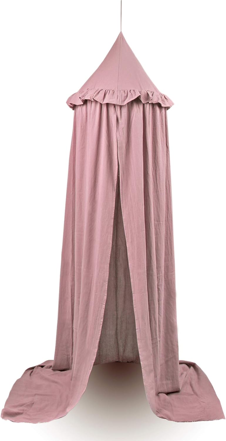 Kids Bed Canopy with Frills Cotton Cover Net for Crib Reading Nook Curtain Hideaway Hanging Round Tent Nursery Bedding Play Room Decor