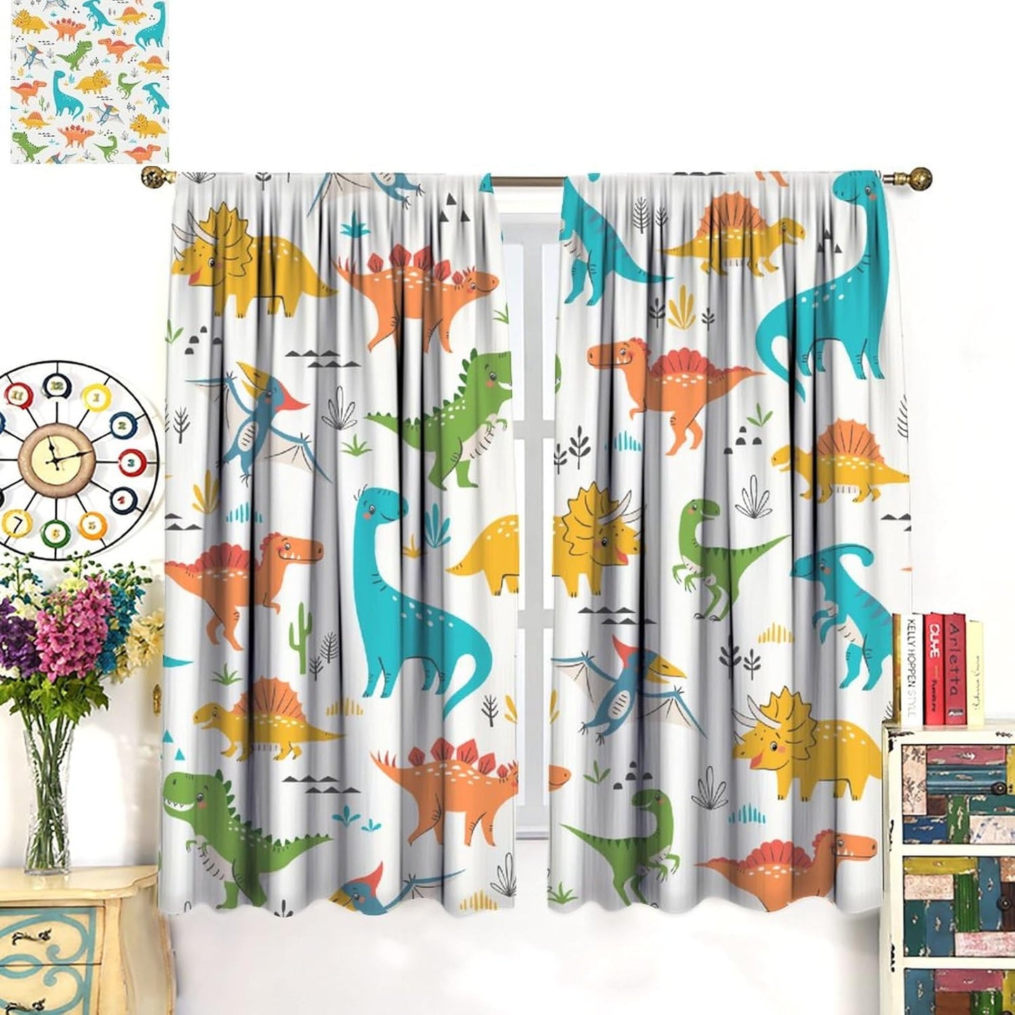 Kids Dinosaur Curtains for Boy Girl Bedroom Decor Cartoon Dino Colorful Cute Funny Animal Wildlife Printed Blackout Rod Pocket Window Drapes for Baby Nursery Playroom Living Room W21xL54in 2 Panels
