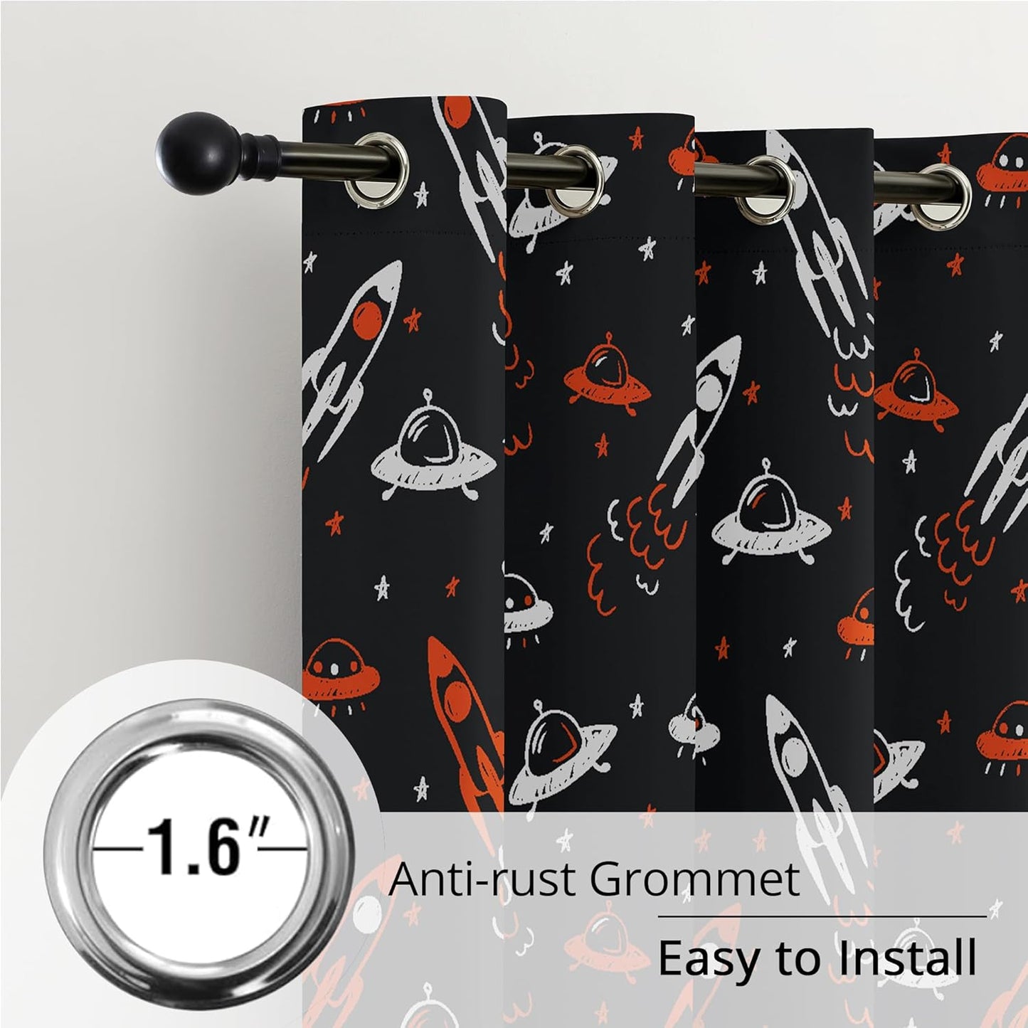 Kids Space Themed Blackout Curtains - 100% Blackout, Thermal Insulated, Noise Reducing, Perfect for Kids Room and Nursery, 2 Panels (Starlight Rocket Chase, W52×L84)