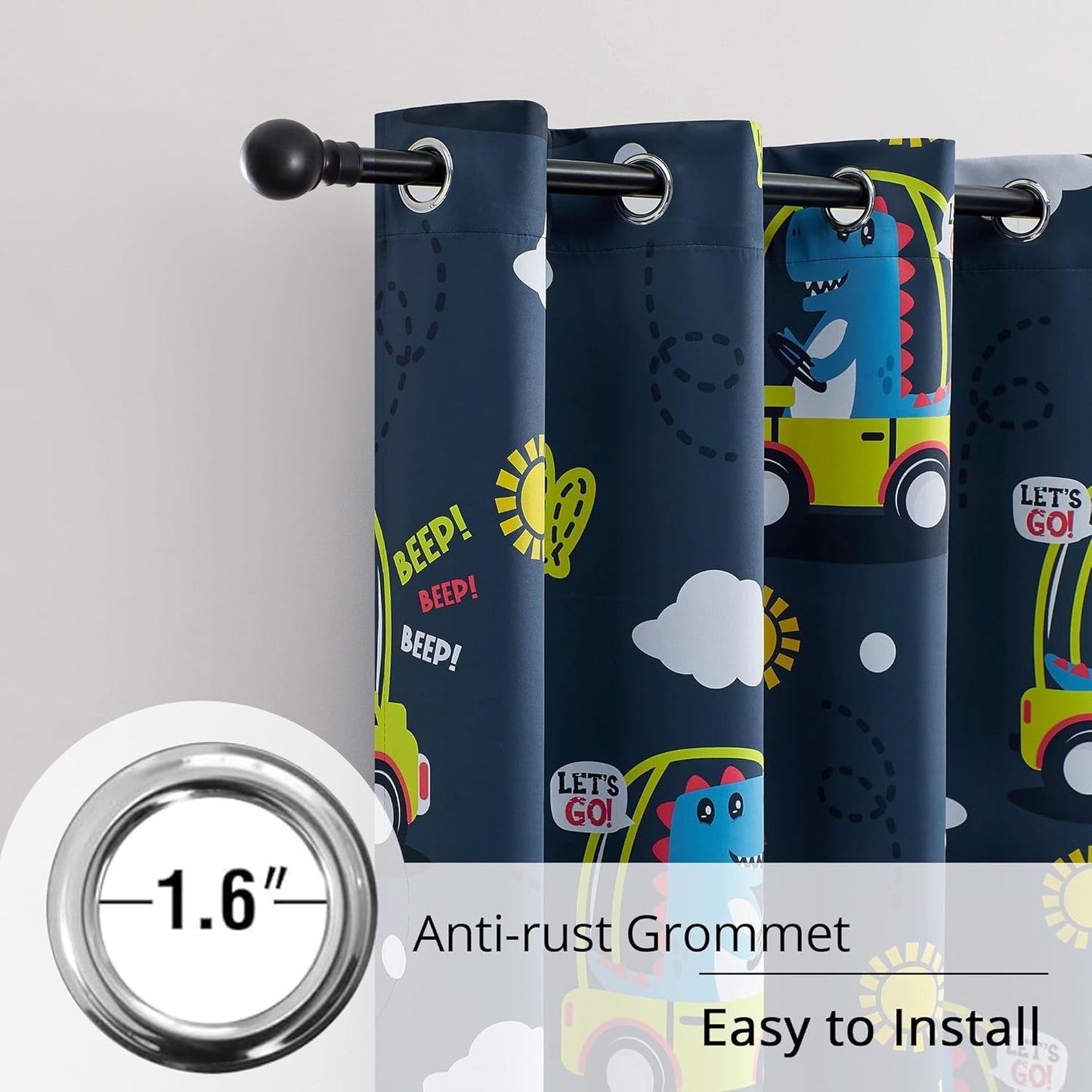 Kids Dinosaur Blackout Curtains - 2 Panels, Each W52*L63 with 100% Blackout, Thermal Insulated, and Noise Reducing, Perfect for Kids Room, Bedroom, Nursery