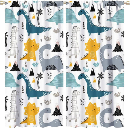 Kids Dinosaur Curtains for Boys Girls Bedroom Decor Cartoon Dino Colorful Cute Funny Wildlife Animal Printed Blackout Rod Pocket Window Drapes for Baby Nursery Playroom Living Room W26xL84in 2 Panels