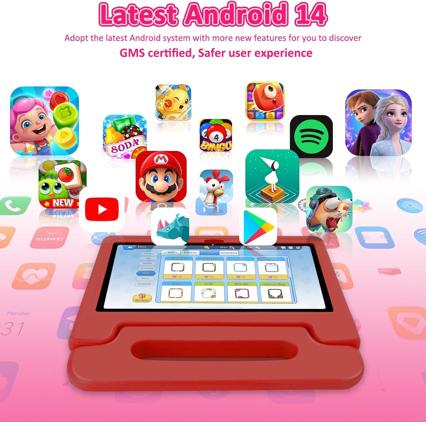 Kids Tablet, 10.1 inch IPS HD Touchscreen Android 14 64 GB Storage, 8GB RAM, Octa Core Tablet for Kid with Kid-Proof Case, Parental Controls, 12-hr Battery, WiFi, GPS – Red