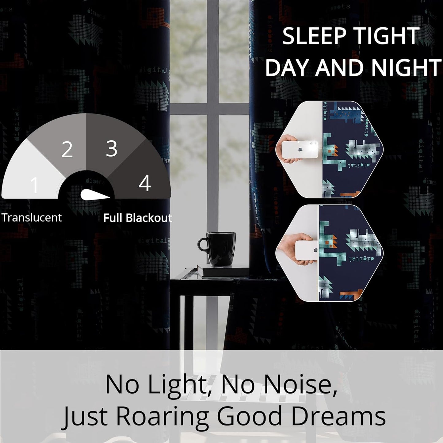 Kids Blackout Curtains - Pixel Dinosaur Curtains, 100% Blackout, 2 Panels, Each W52×L84, Thermal Insulated, Noise Reducing for Kids Bedroom, Bring a Playful and Retro Touch to Your Child’s Room