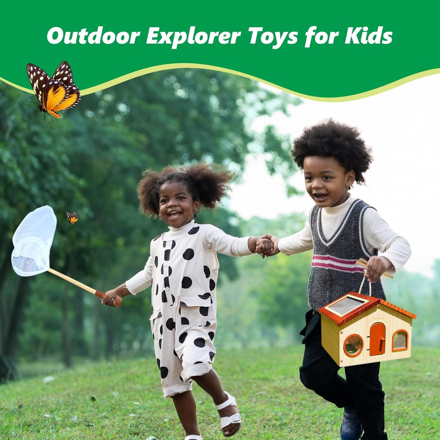 Kids Explorer Kit & Bug Catcher for Kids, Outdoor Toys with Large Portable Wooden Bug Habitat, Butterfly Net, Magnifier, Observation Cup, 15 Insect Cards for Toddler 3-8 Year Old Boy Gift