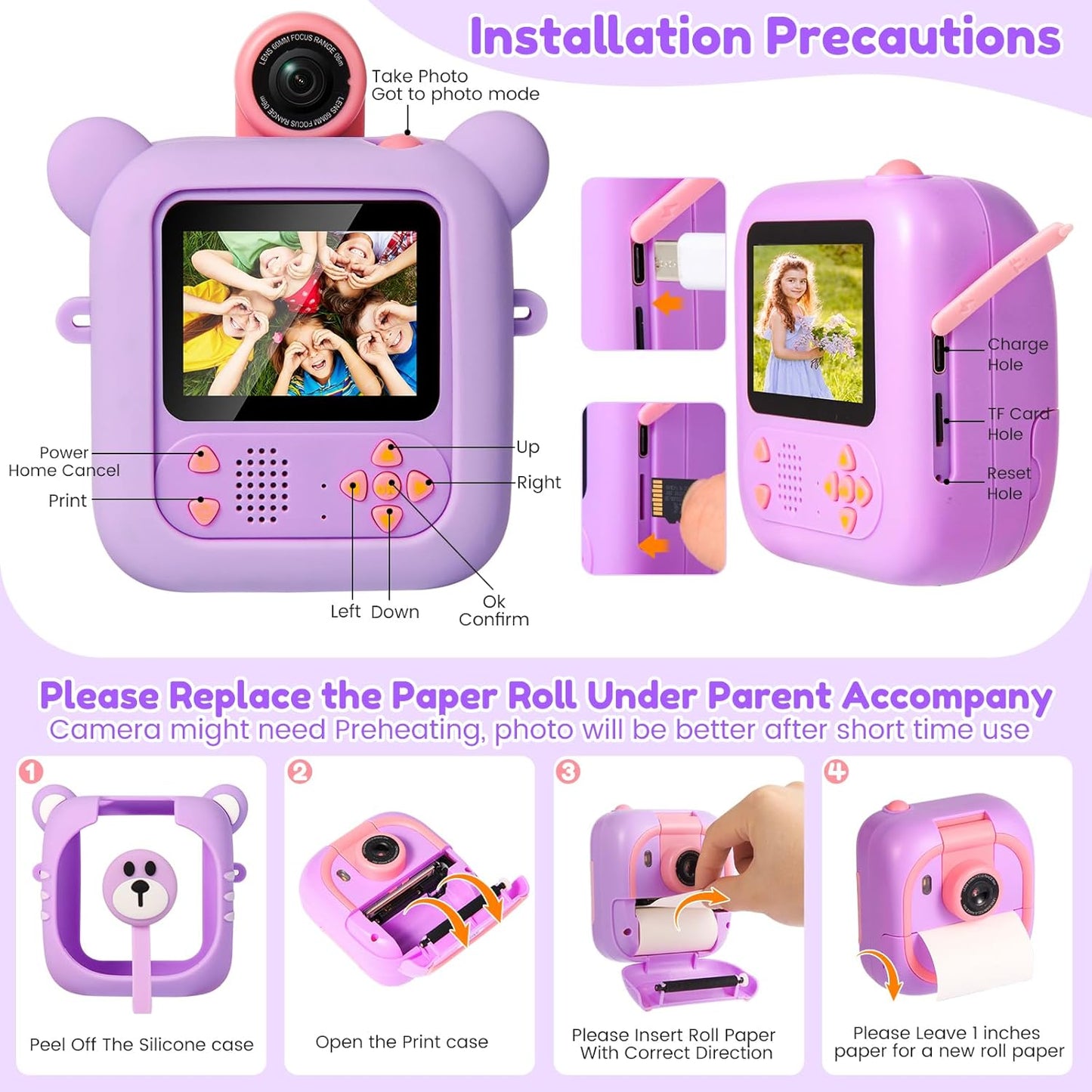 Kids Camera Instant Print, 7 Print Paper (4 Color: O/R/G/B+3 B&W), 2.4" Screen Instant Camera for Kids Ages 3-12,1080P, 180°Flip Lens,32GB Card- Christmas Birthday Present for Boys & Girls,M2