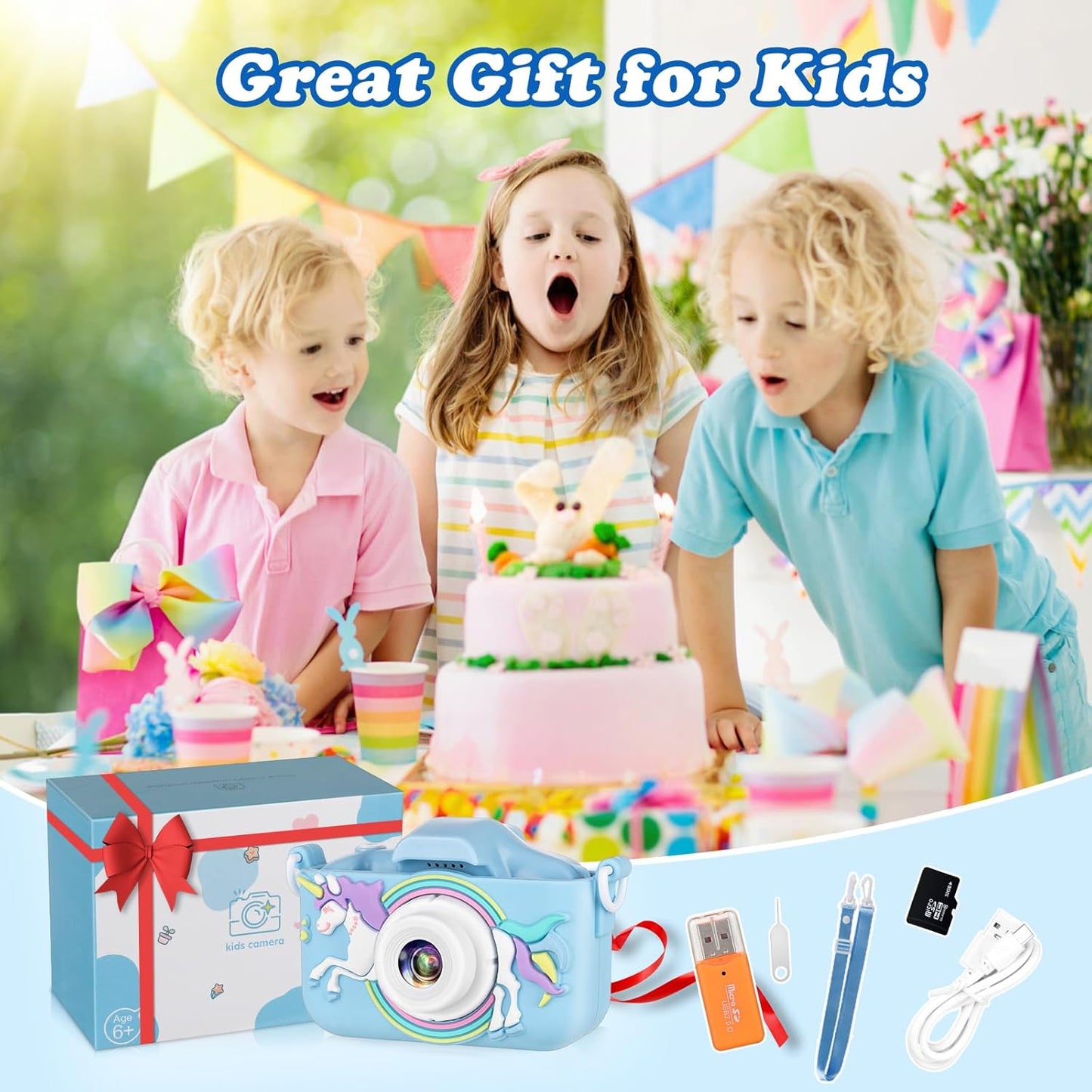 Kids Camera,HD Digital Video Camera with Protective Cover,Childrens Toys for 3 4 5 6 7 8 9 Year Old Boys/Girls,Selfie Camera for Kids,Christmas Birthday Gifts with 32GB SD Card (Unicorn Blue)