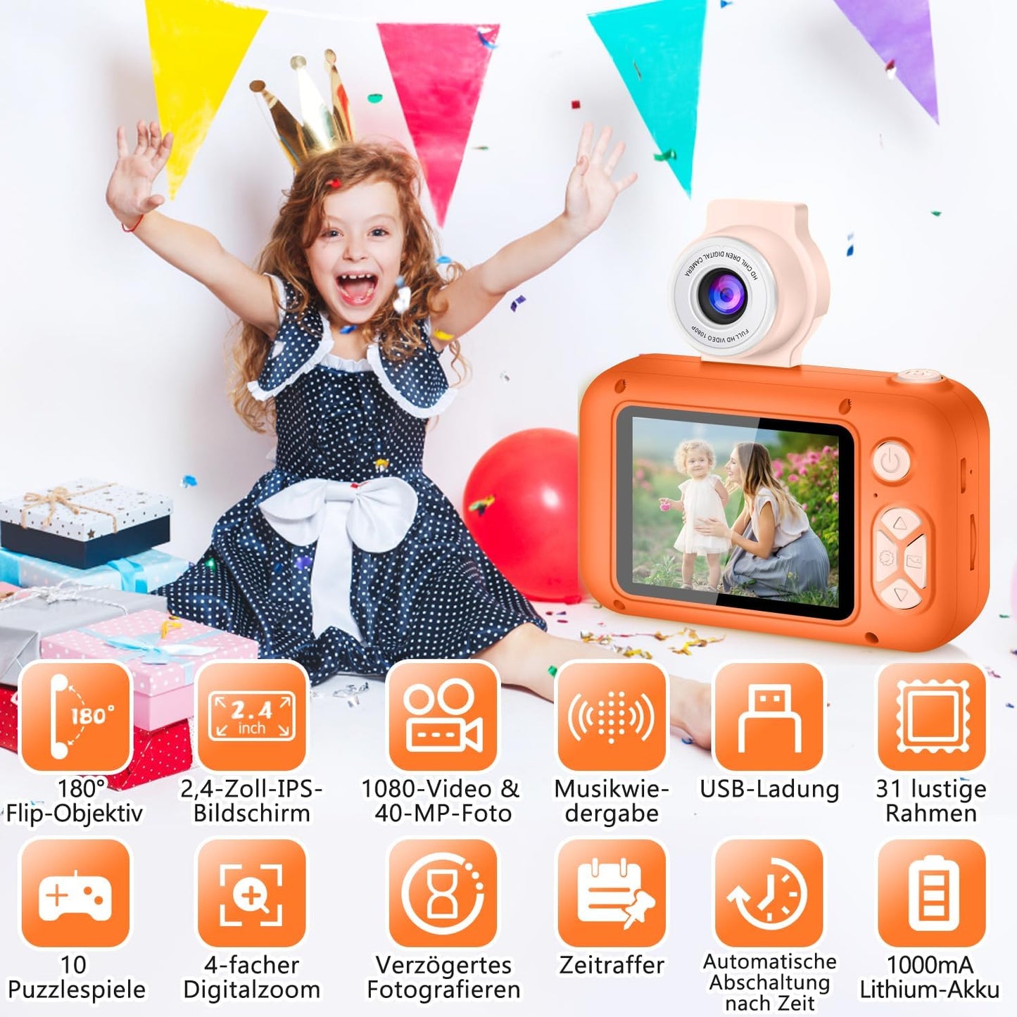 Kids Camera, Toddler Kid Digital Camera with 180°Flip Lens & 2.4in IPS Screen, Birthday Festival Gifts Present Toy for 4 5 6 7 8 9 10 11 Year Old Girls/Boys, 32 GB Card Included, X101