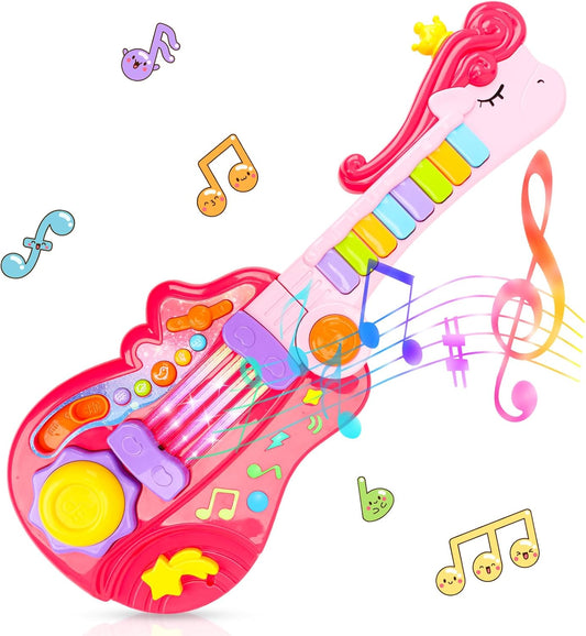 Kids Guitar Toy for 3 Year Old Girl Gift 2-in-1 Electric Guitars with Piano Mode for Toddlers 2-4 Light Up Music Toys for 2 3 4 5 Year Old Girls Boys Gifts