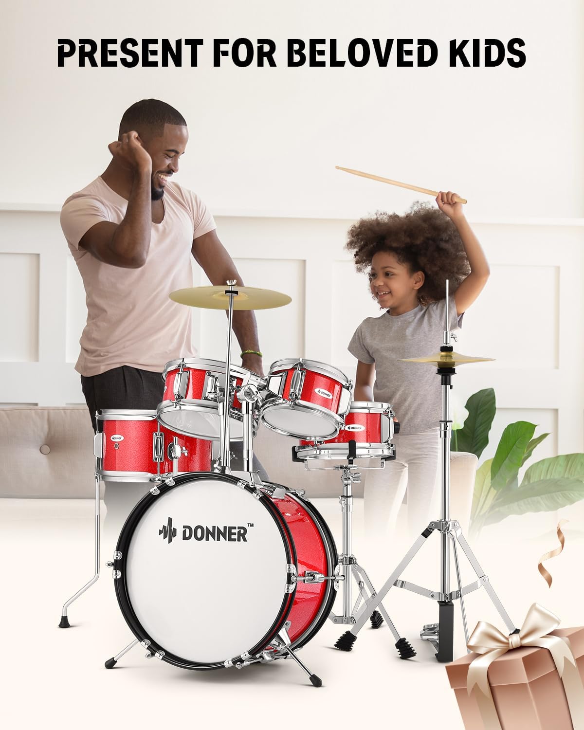Kids Drum Sets Donner 5-Piece for Beginners,14 inch Junior Drum Kit, with Adjustable Throne, Cymbal, Hi-Hat, Pedal & Drumstick-Red