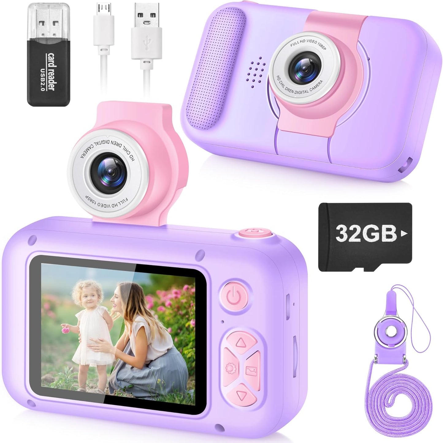Kids Camera, Toddler Kid Digital Camera with 180°Flip Lens & 2.4in IPS Screen, Birthday Festival Gifts Present Toy for 4 5 6 7 8 9 10 11 Year Old Girls/Boys, 32 GB Card Included, X101