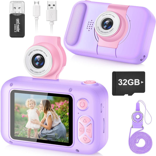 Kids Camera, Toddler Kid Digital Camera with 180°Flip Lens & 2.4in IPS Screen, Birthday Festival Gifts Present Toy for 4 5 6 7 8 9 10 11 Year Old Girls/Boys, 32 GB Card Included, X101