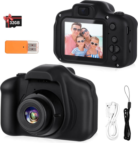 Kids Camera,HD Digital Video Camera,Childrens Toys for 3 4 5 6 7 8 9 Year Old Boys/Girls,Selfie Camera for Kids,Christmas Birthday Gifts with 32GB SD Card (Black)