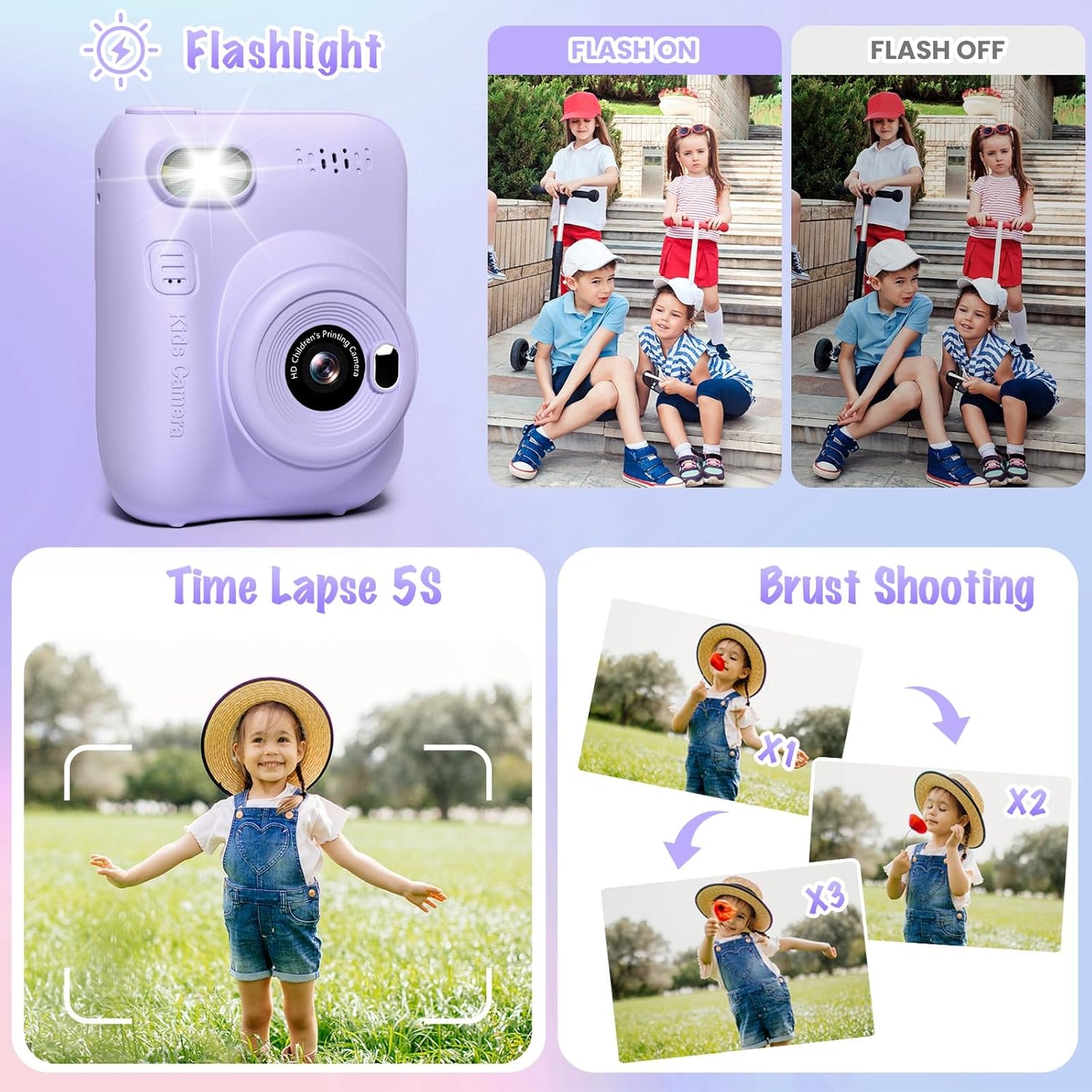 Kids Camera Instant Print, 3.0" HD 32MP Kids Camera Christmas Birthday Gifts for 3 4 5 6 7 8 9 10 11 12 Year Old Girls Boys, 32GB SD Card-Purple