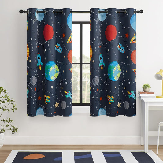 Kids Space Themed Blackout Curtains - 2 Panels, Each W42×L72, 100% Blackout, Perfect for Bedroom and Nursery, Energy Saving with Vibrant Cosmos Patterns