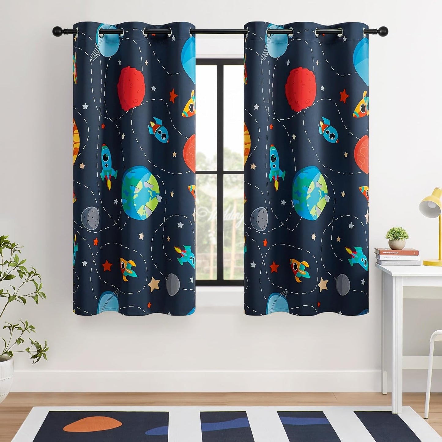 Kids Space Themed Blackout Curtains - 100% Blackout, Perfect for Bedroom and Nursery with Vibrant Cosmos Patterns, Noise Reduction, Thermal Insulated, 2 Panels (Space, W42×L63)