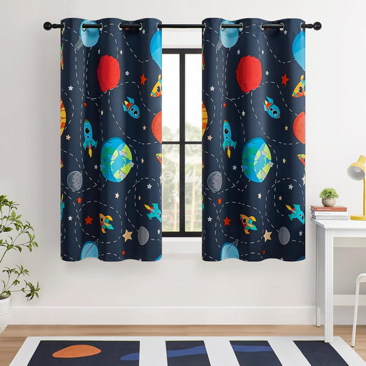 Kids Space Themed Blackout Curtains - 100% Blackout, Perfect for Bedroom and Nursery with Vibrant Cosmos Patterns, Noise Reduction, Thermal Insulated, 2 Panels (Space, W42×L63)