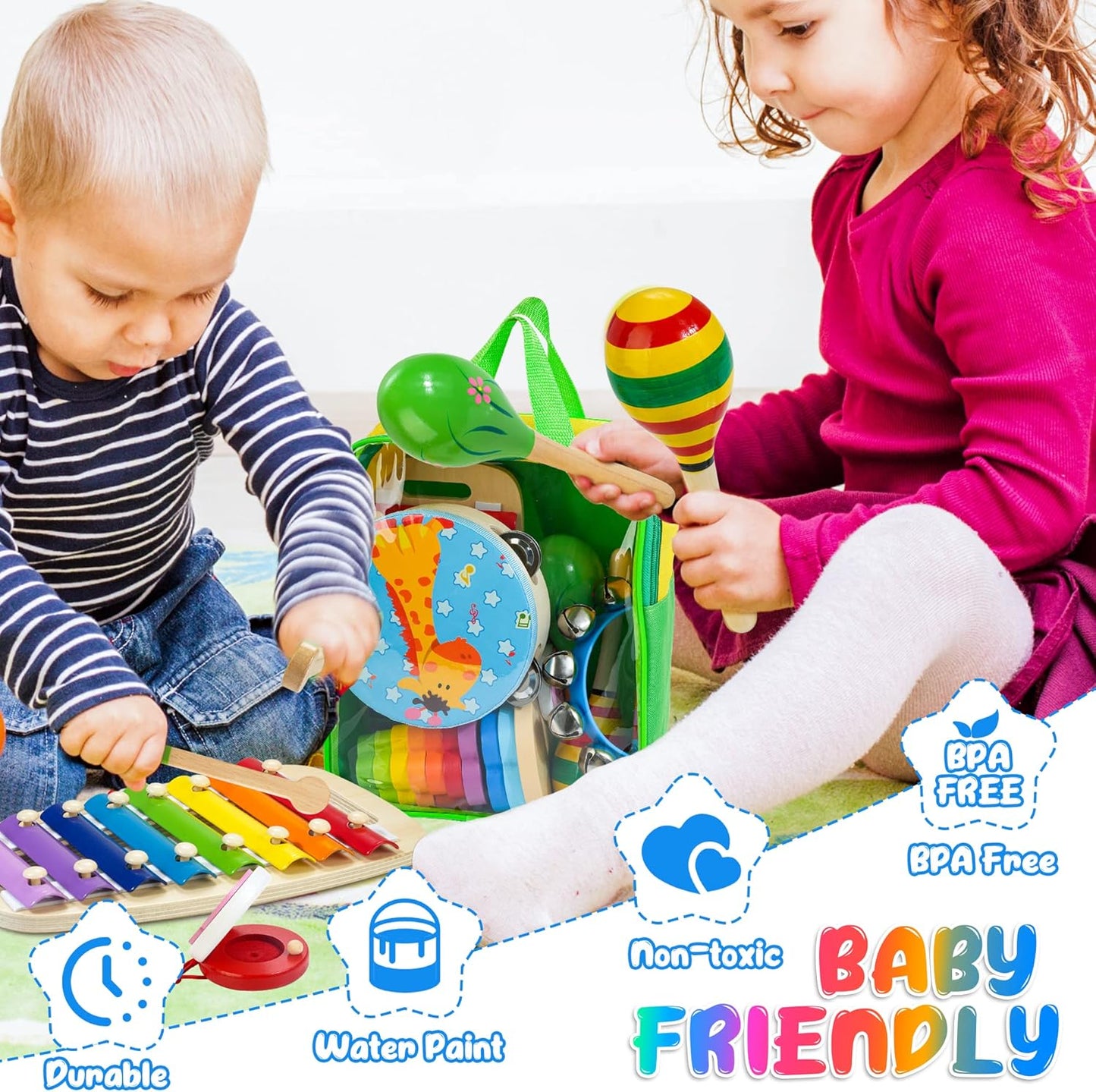 Kids Musical Instruments, 12pcs Wooden Musical Toys for Toddlers 2-4 with Xylophone Maracas Tambourine, Educational Baby Musical Toys Birthday Gift for 2 3 4 5 Years Old Girls Boys