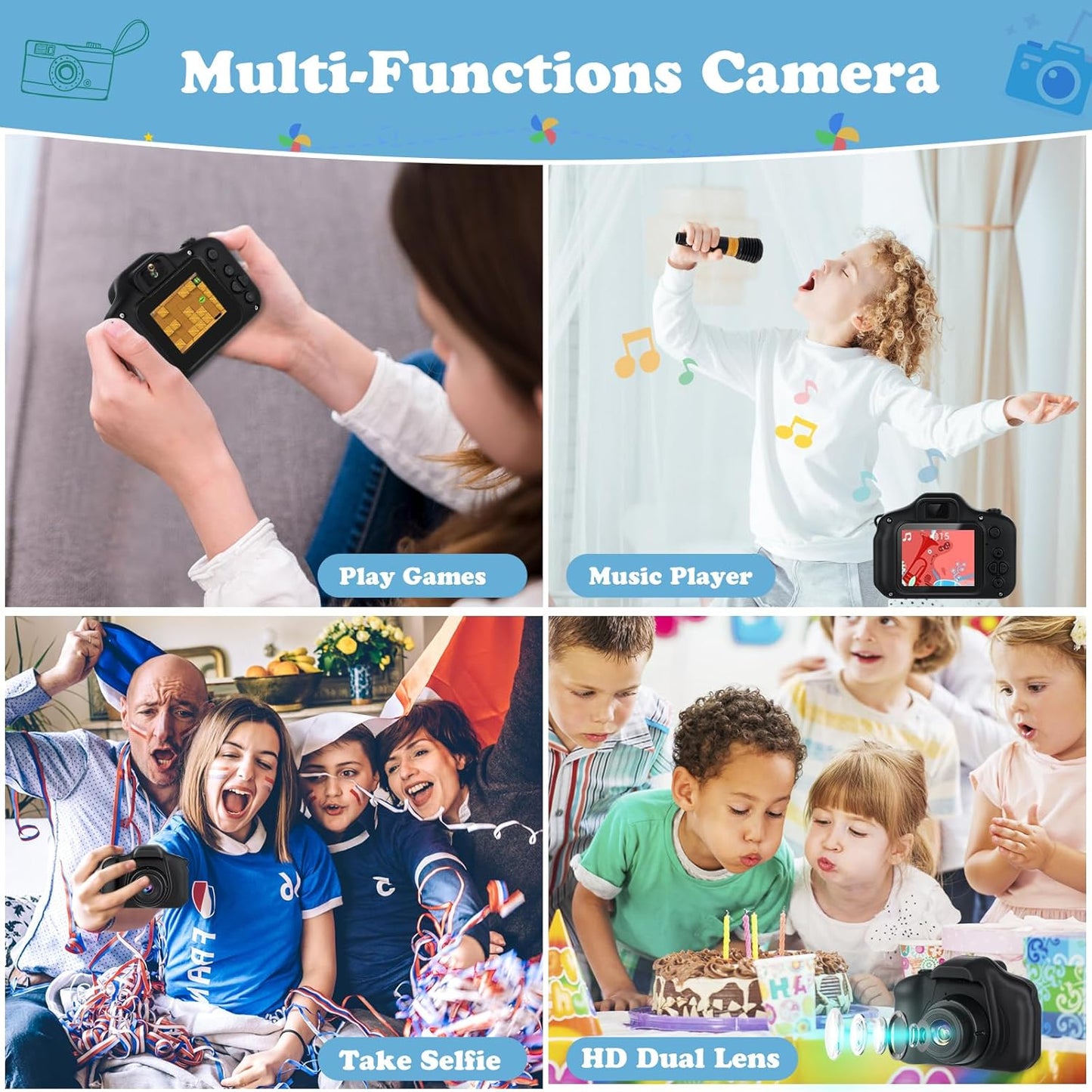Kids Camera,HD Digital Video Camera,Childrens Toys for 3 4 5 6 7 8 9 Year Old Boys/Girls,Selfie Camera for Kids,Christmas Birthday Gifts with 32GB SD Card (Black)