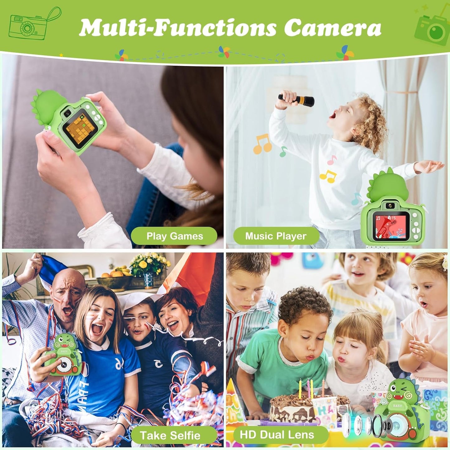 Kids Camera,HD Digital Video Camera,Childrens Toys for 3 4 5 6 7 8 9 Year Old Boys/Girls,Selfie Camera for Kids,Christmas Birthday Gifts with 32GB SD Card (Dinosaur Green)