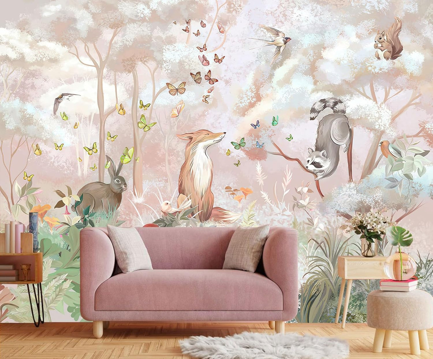 Kids Safari Wallpaper for Nursery, Woodland Fox Squirrel Rabbit Animals Wall Mural Pink Forest Wallpaper for Bedroom Living Room Children's Room(Not Self-Adhesive)