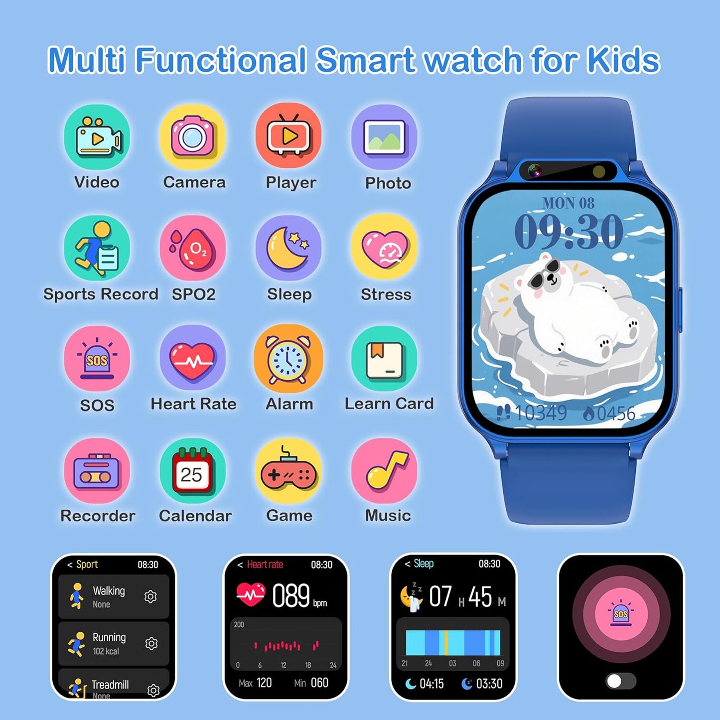 Kids Smart Watch Boys with Fitness & Sleep Tracker, Waterproof Smart Watch for Kids Age 5-12, Sport Modes Heart Rate SOS Button HD Camera DIY Dial Games Music Recorder, NO APP/Phone, Boys Gifts Toys
