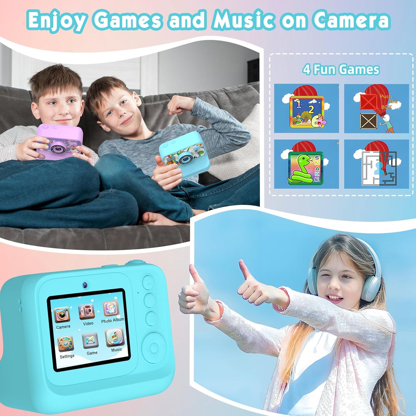 Kids Camera, Upgrade Kids Camera Instant Print, Front Rear Dual Selfie Digital CAM with 1080P Videos, Portable Travel Toy with Games and Music, Christmas Birthday Gift for Boys, Girls and Teens