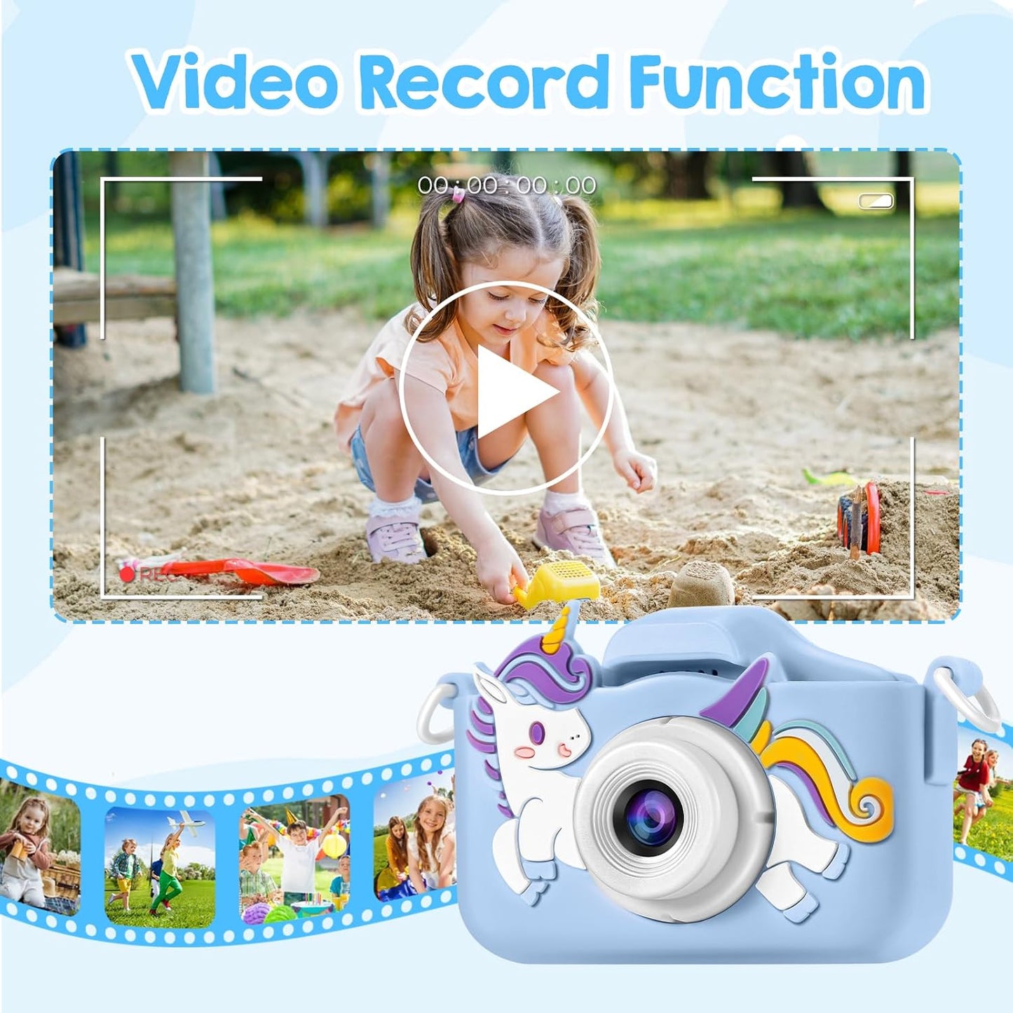 Kids Camera, Toys for Toddlers Age 3-8 Year Old Girl Christmas Birthday Gifts, Children Digital Camera with Cartoon Soft Silicone Cover and 32GB Card (Azure)