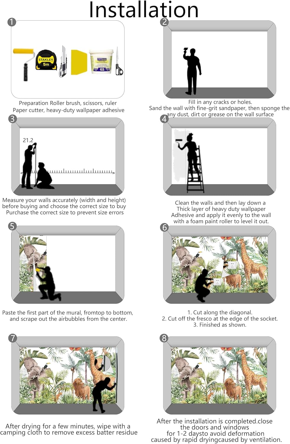 Kids Safari Giraffe Wallpaper Tropical Palm Tree Jungle Forest Plants and Animals Wall Mural for Nursery Living Room Bedroom Dining Room Basement(Not Self-Adhesive)