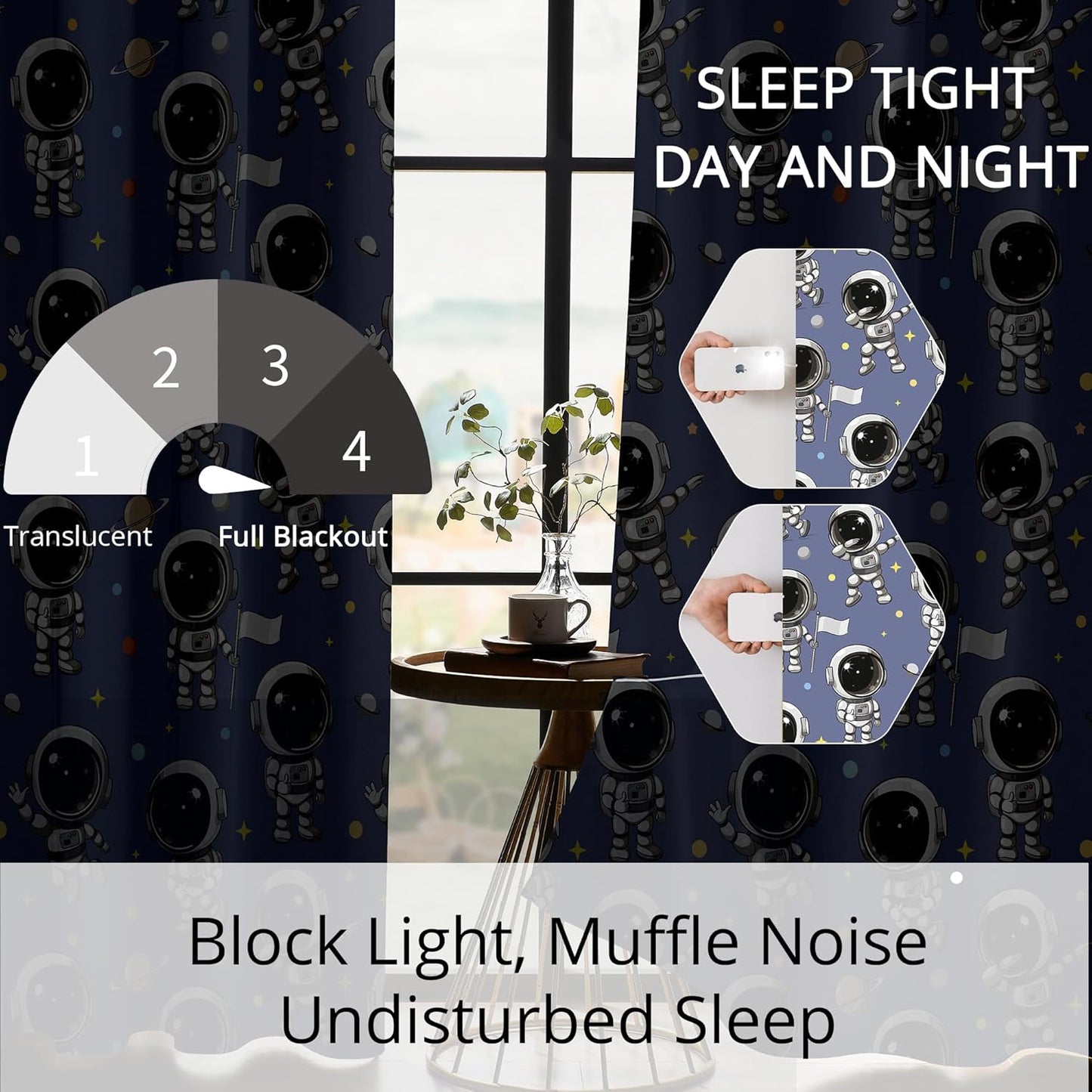 Kids Astronaut Blackout Curtains - 100% Blackout, Thermal Insulated, Noise Reducing, Perfect for Kids Room and Nursery, 2 Panels (Spacewalk Buddies, W52×L84)