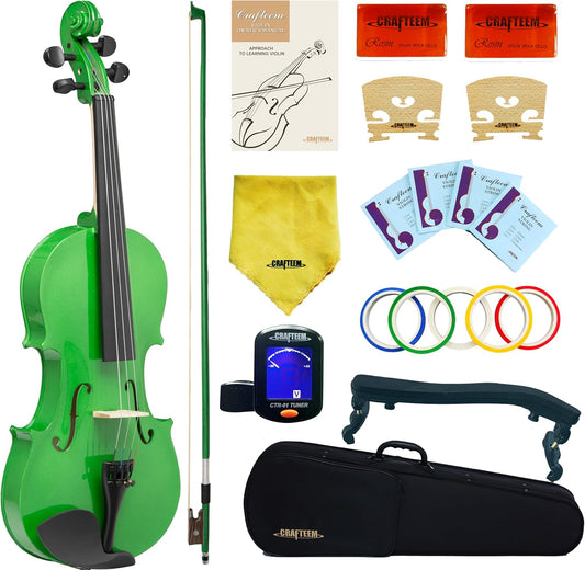 1/2 Fiddle Green Colored Premium Violin Outfit for Beginners Adults Kids With 5 Color Fingering Tape- Handcrafted Student Beginner Violin.
