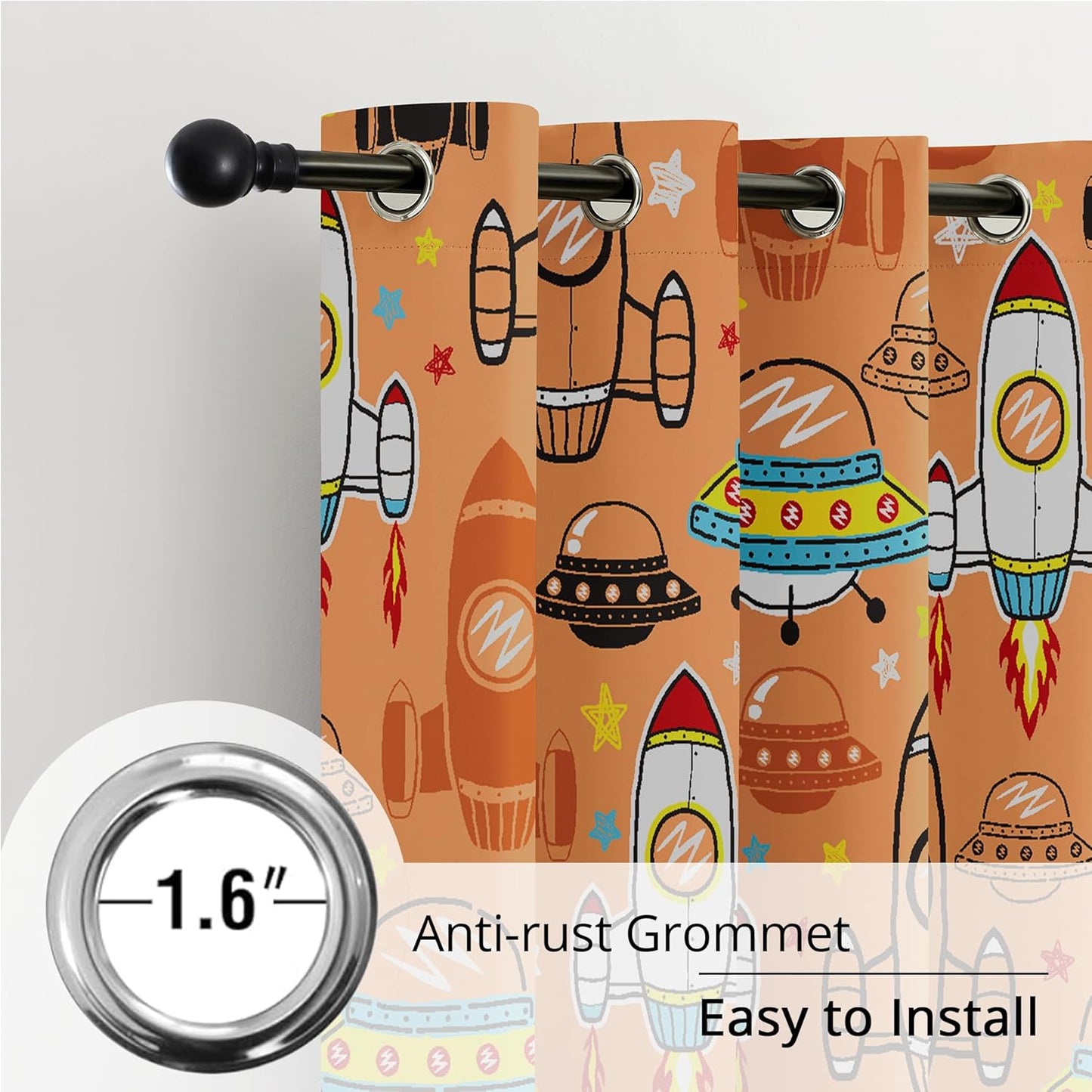 Kids Space UFO Rocket Blackout Curtains - 100% Blackout, Thermal Insulated, Noise Reducing, Perfect for Kids Room and Nursery, 2 Panels (Sunny Space Parade, W52×L63)