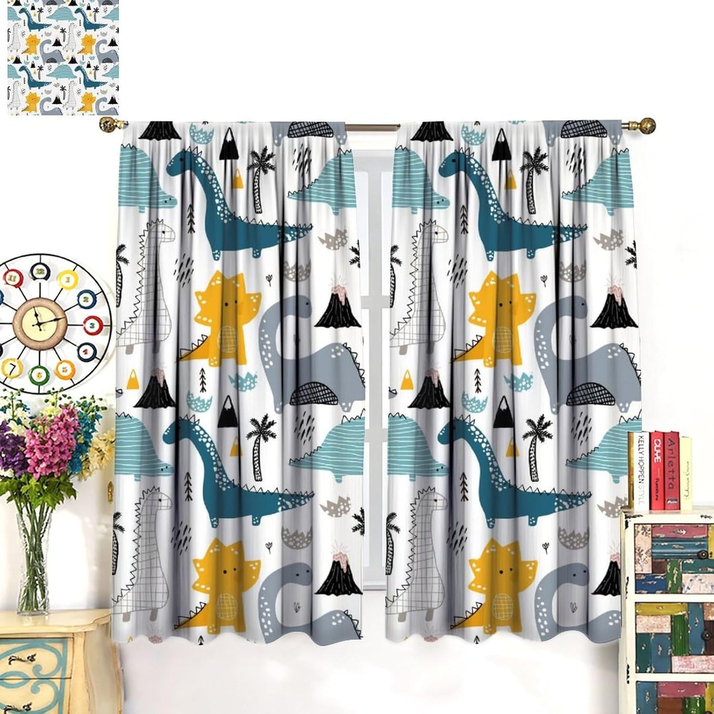 Kids Dinosaur Curtains for Boys Girls Bedroom Decor Cartoon Dino Colorful Cute Funny Wildlife Animal Printed Blackout Rod Pocket Window Drapes for Baby Nursery Playroom Living Room W21xL54in 2 Panels