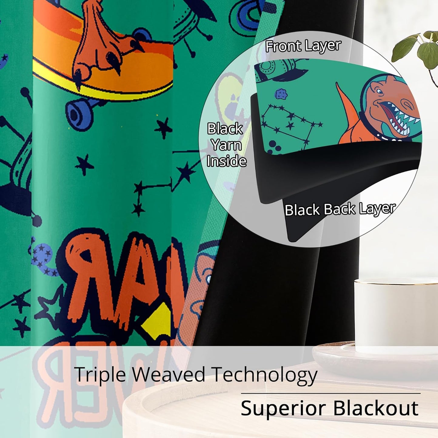 Kids Space Dinosaur Blackout Curtains - 100% Blackout, Thermal Insulated, Noise Reducing, Perfect for Kids Room and Nursery, 2 Panels (Roar Power Dino, W52×L63)