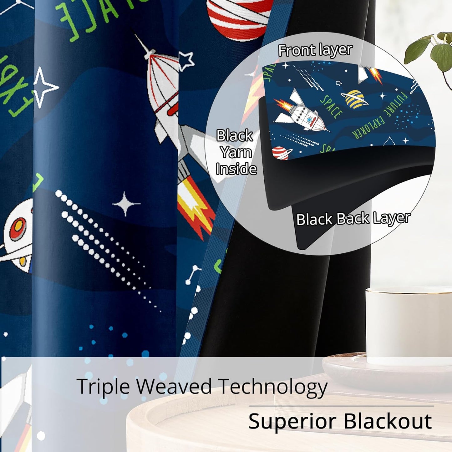 Kids Space Rocket Blackout Curtains - 100% Blackout, Thermal Insulated, Noise Reducing, Perfect for Kids Room and Nursery, 2 Panels (Future Explorer Rockets, W52×L84)
