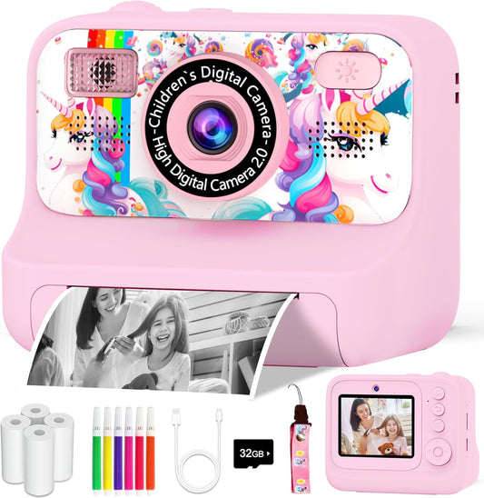 Kids Camera, Upgrade Kids Camera Instant Print, Front Rear Dual Selfie Digital CAM with 1080P Videos, Portable Travel Toy with Games and Music, Christmas Birthday Gift for Boys, Girls and Teens