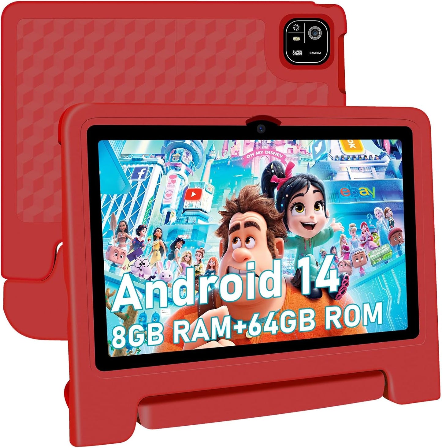 Kids Tablet, 10.1 inch IPS HD Touchscreen Android 14 64 GB Storage, 8GB RAM, Octa Core Tablet for Kid with Kid-Proof Case, Parental Controls, 12-hr Battery, WiFi, GPS – Red