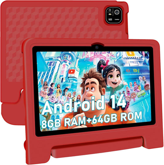 Kids Tablet, 10.1 inch IPS HD Touchscreen Android 14 64 GB Storage, 8GB RAM, Octa Core Tablet for Kid with Kid-Proof Case, Parental Controls, 12-hr Battery, WiFi, GPS – Red