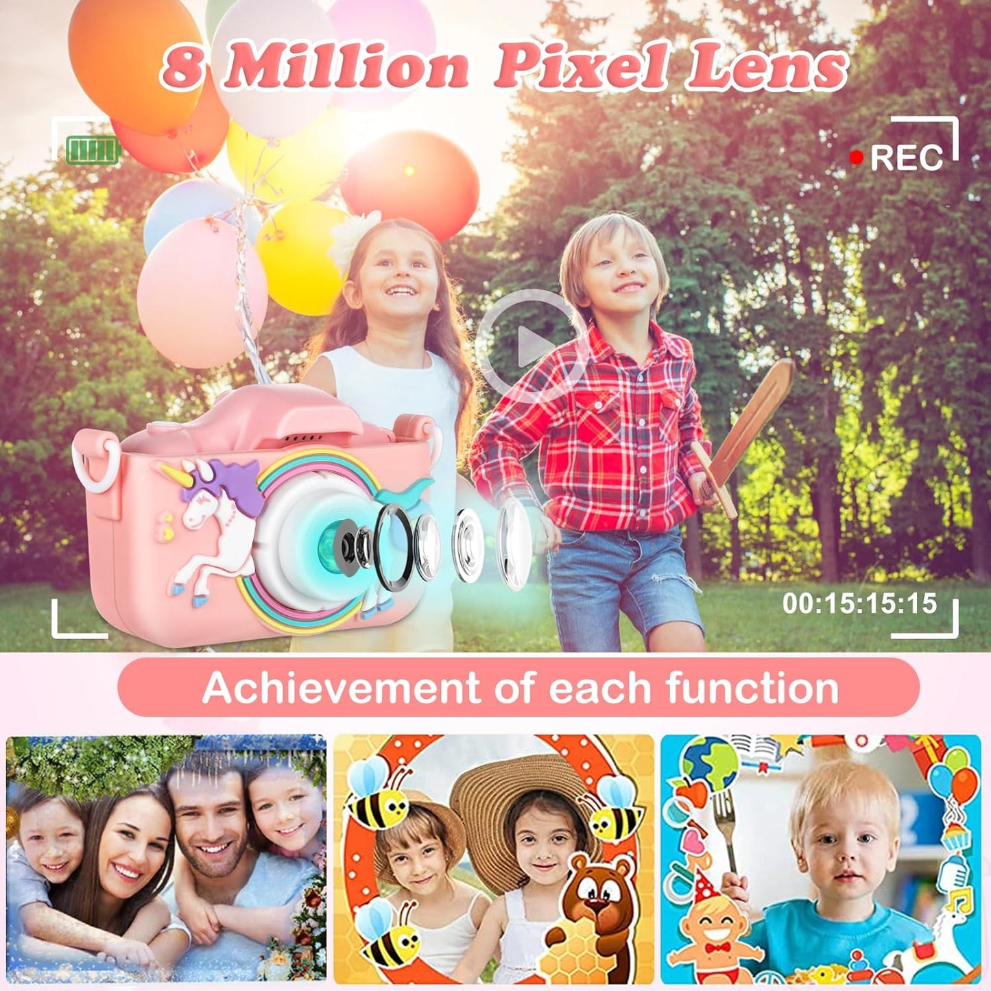 Kids Camera,HD Digital Video Camera with Protective Cover,Childrens Toys for 3 4 5 6 7 8 9 Year Old Boys/Girls,Selfie Camera for Kids,Christmas Birthday Gifts with 32GB SD Card (Unicorn Pink)