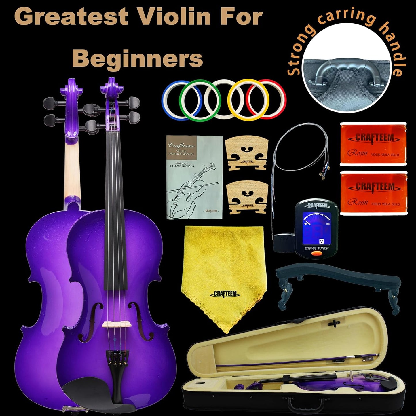 1/4 Fiddle Purple Colored Premium Violin Outfit for Beginners Adults Kids With 5 Color Fingering Tape- Handcrafted Student Beginner Violin.(Purple, 1/4)
