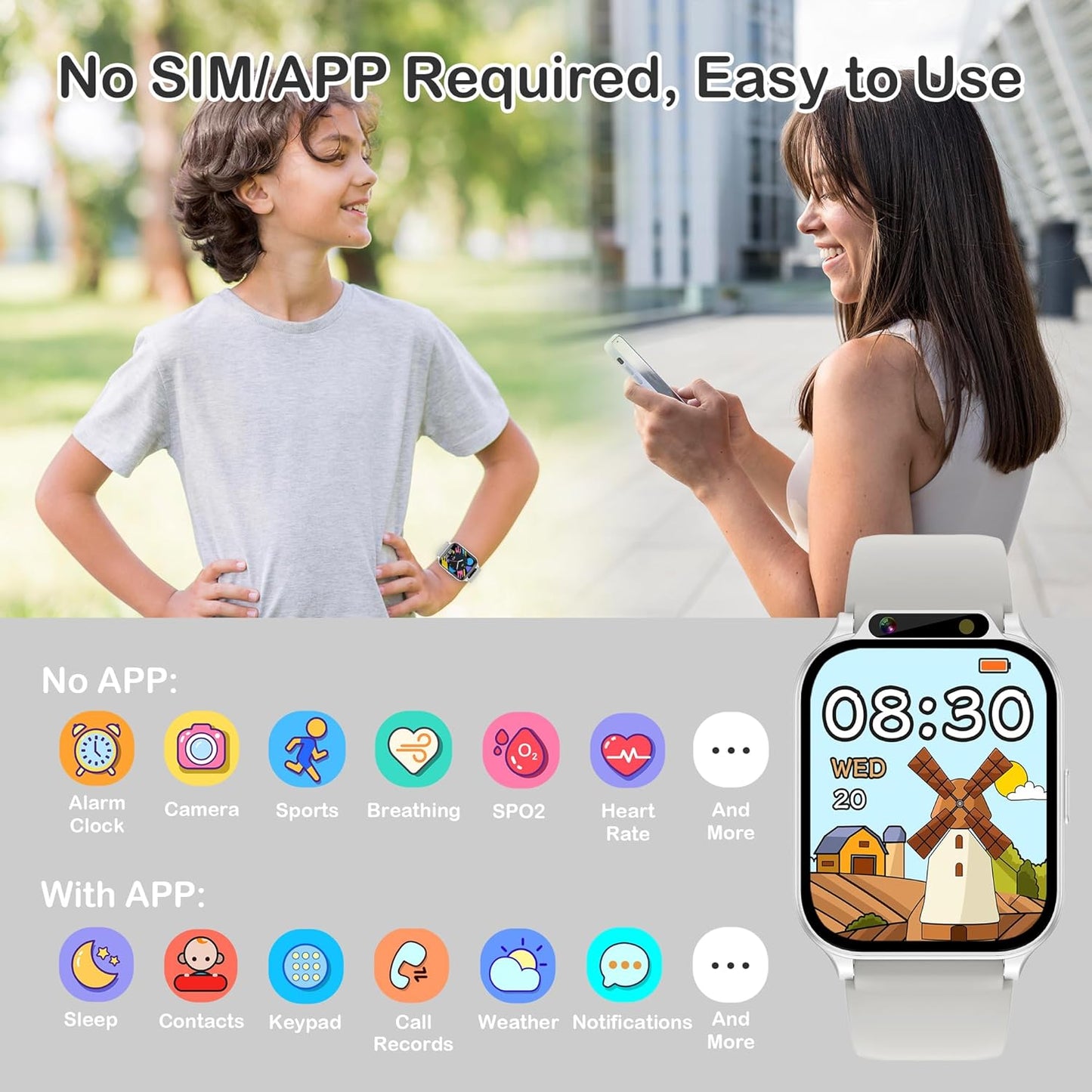 Kids Smart Watch with Fitness & Sleep Tracker, Waterproof Smart Watch for Kids with Heart Rate & Blood Oxygen Monitor, HD Camera, Games, Music, Recorder, Gifts for Boys Girls 5-12(Silver)