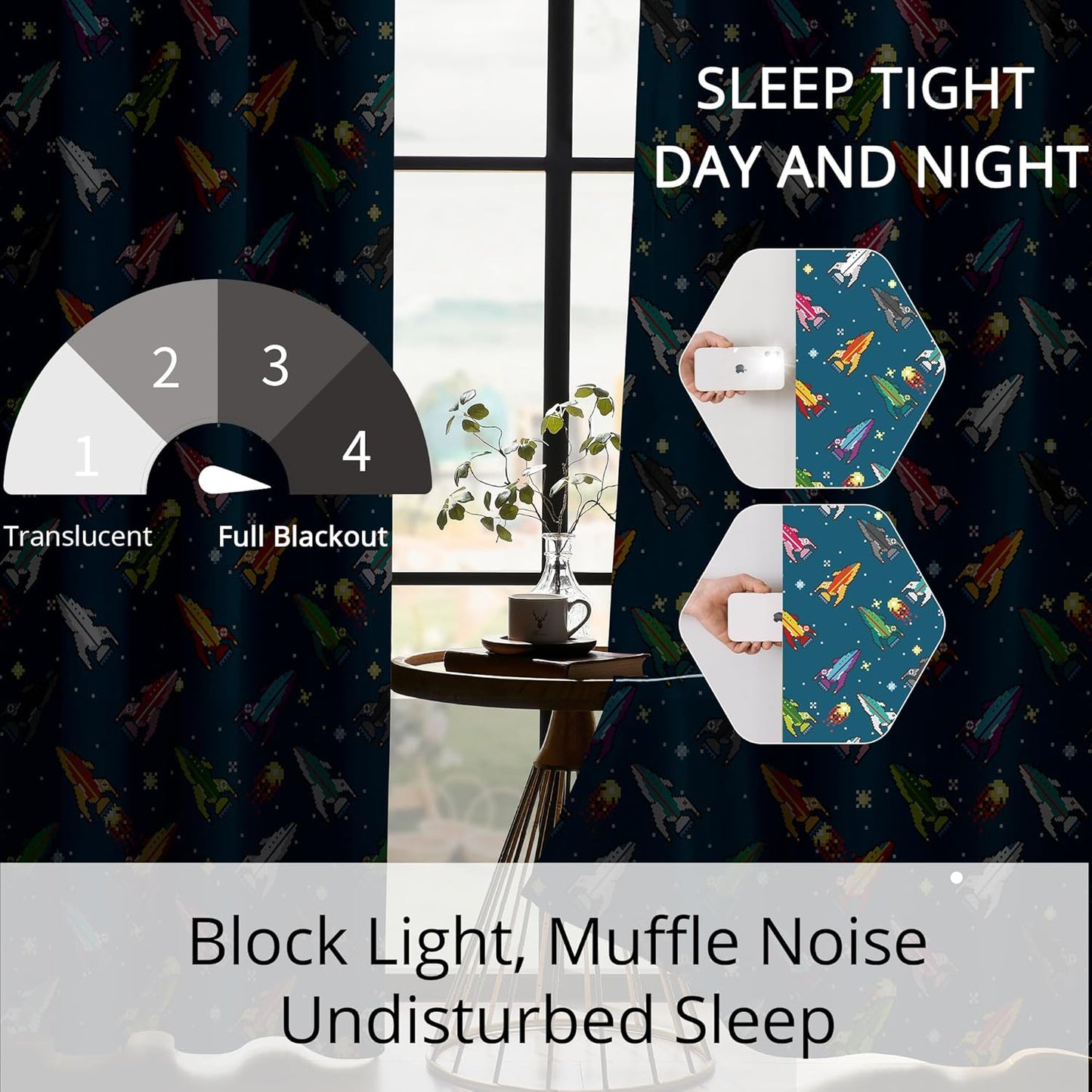 Kids Pixel Rocket Blackout Curtains - 100% Blackout, Thermal Insulated, Noise Reducing, Perfect for Kids Room and Nursery, 2 Panels (Pixel Rocket Fleet, W52×L63)