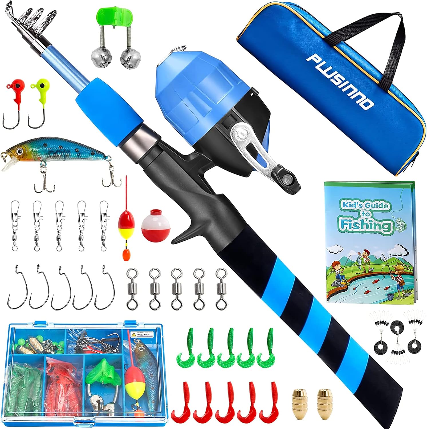 PLUSINNO Kids Fishing Pole, Portable Telescopic Fishing Rod and Reel Combo Kit - with Spincast Fishing Reel Tackle Box for Boys, Girls, Youth