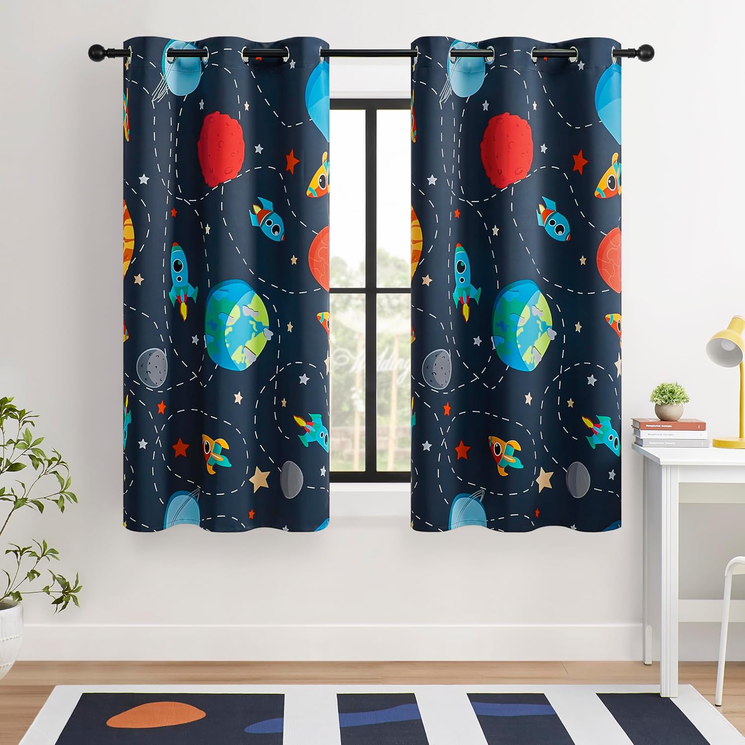 Kids Space Themed Blackout Curtains - 2 Panels, Each W42×L54, 100% Blackout, Perfect for Bedroom and Nursery, Energy Saving with Vibrant Cosmos Patterns