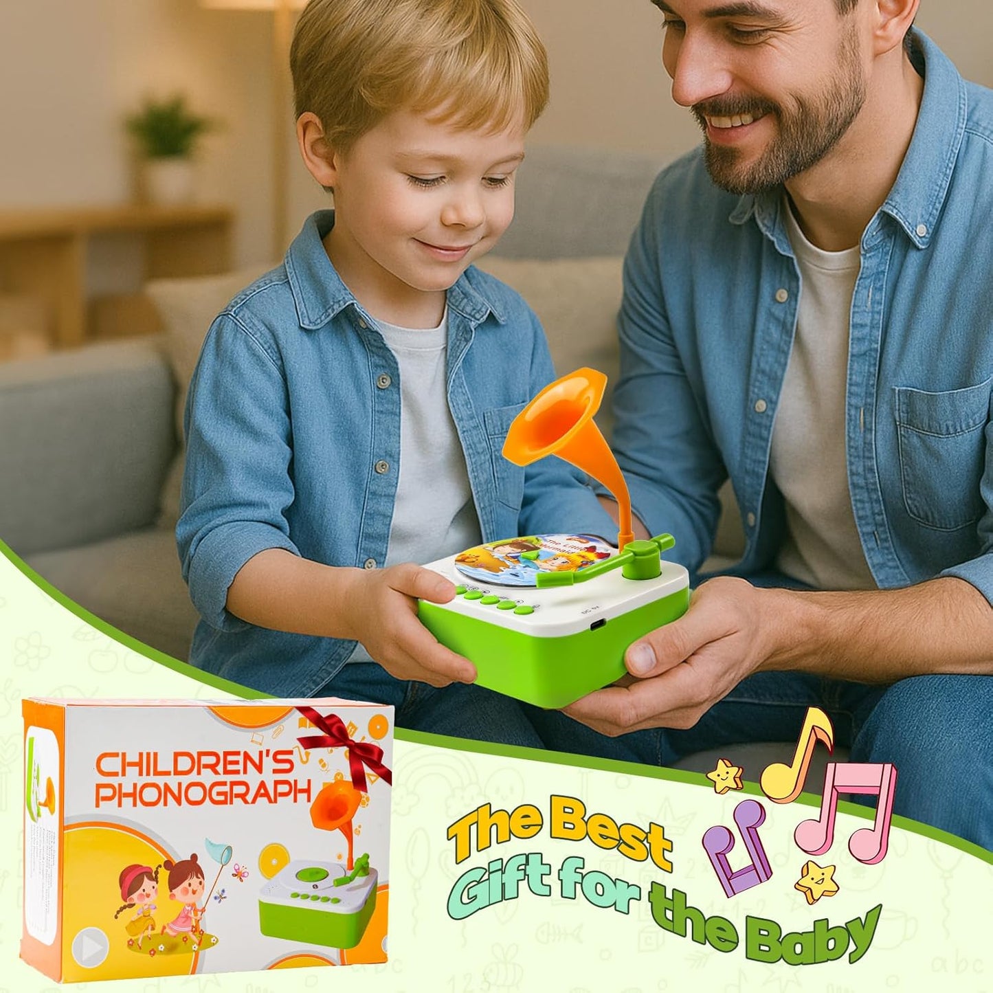 Kids Phonograph Toddler Record Player， with 96 Learning Cards, Early Education Machine Record Player Music Box Storyteller pop Speakers, Gift for Boys and Girls