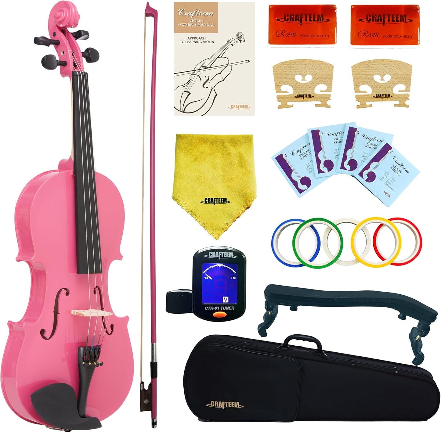 1/2 Fiddle Pink Colored Premium Violin Outfit for Beginners Adults Kids With 5 Color Fingering Tape- Handcrafted Student Beginner Violin.