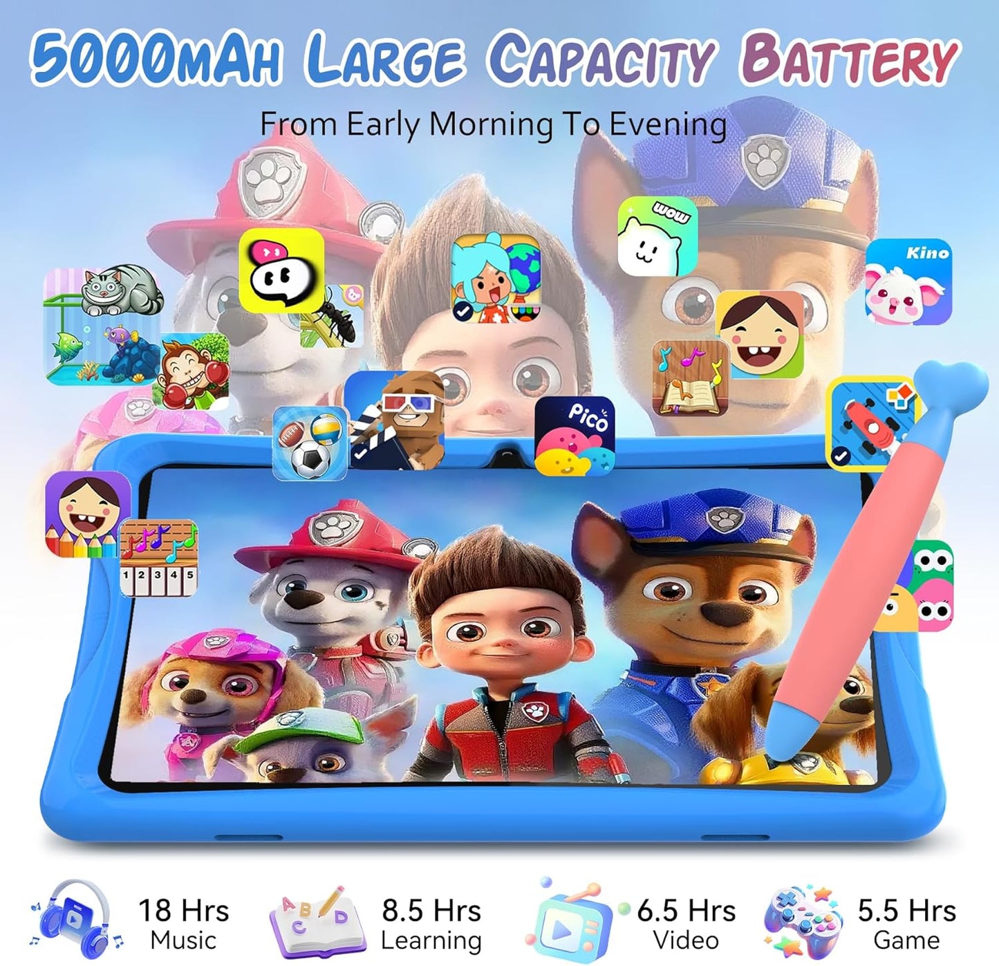 Kids Tablet 10 inch, Android 15 Tablets for Kid, Parental Control, Pre-Installed Kiddos Software & Kids Space, Includes Case & Stylus Pen, 12GB RAM 64GB ROM, 2TB Expand, HD IPS Screen(Blue)