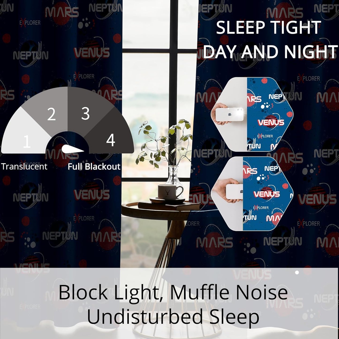 Kids Space Mars Blackout Curtains - 100% Blackout, Thermal Insulated, Noise Reducing,Bring The Cosmos Closer to Kids Room, 2 Panels (Planet Parade, W52×L84)