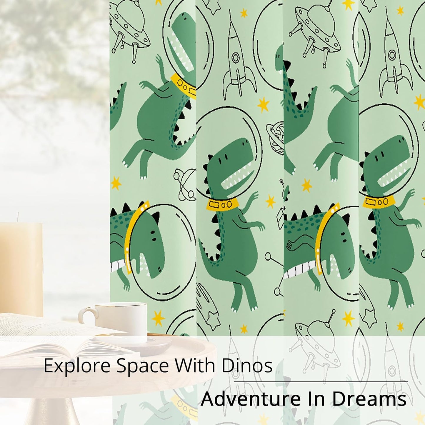 Kids Space Dino Blackout Curtains - 100% Blackout, Thermal Insulated, Noise Reducing, Perfect for Kids Room and Nursery, 2 Panels (Cosmo Dino Green, W52×L63)