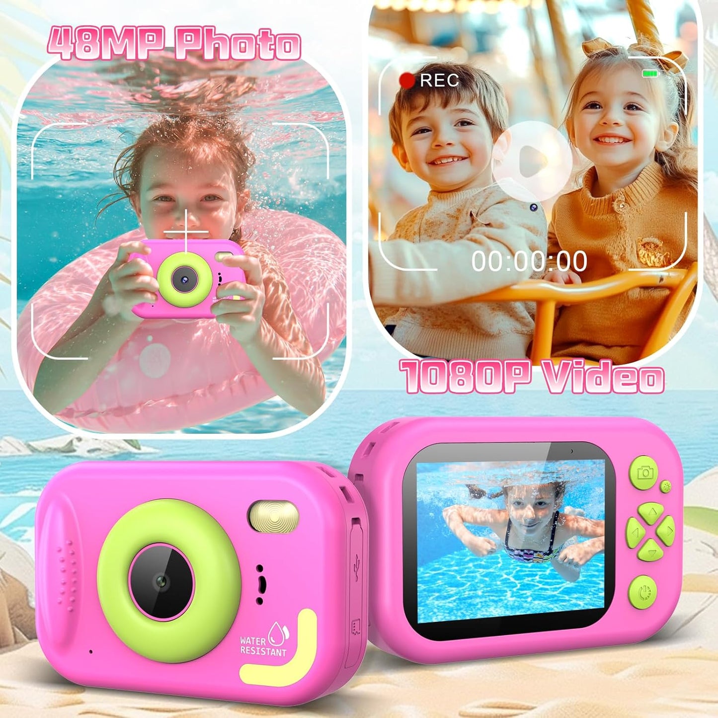 Kids Camera Waterproof, IP68 Underwater Camera for Kids Aged 3-12, HD Kids Digital Camera with 1080P Video Recording, Durable ABS Material, Pool Toys for Boys Girls with 32GB Card (Pink)