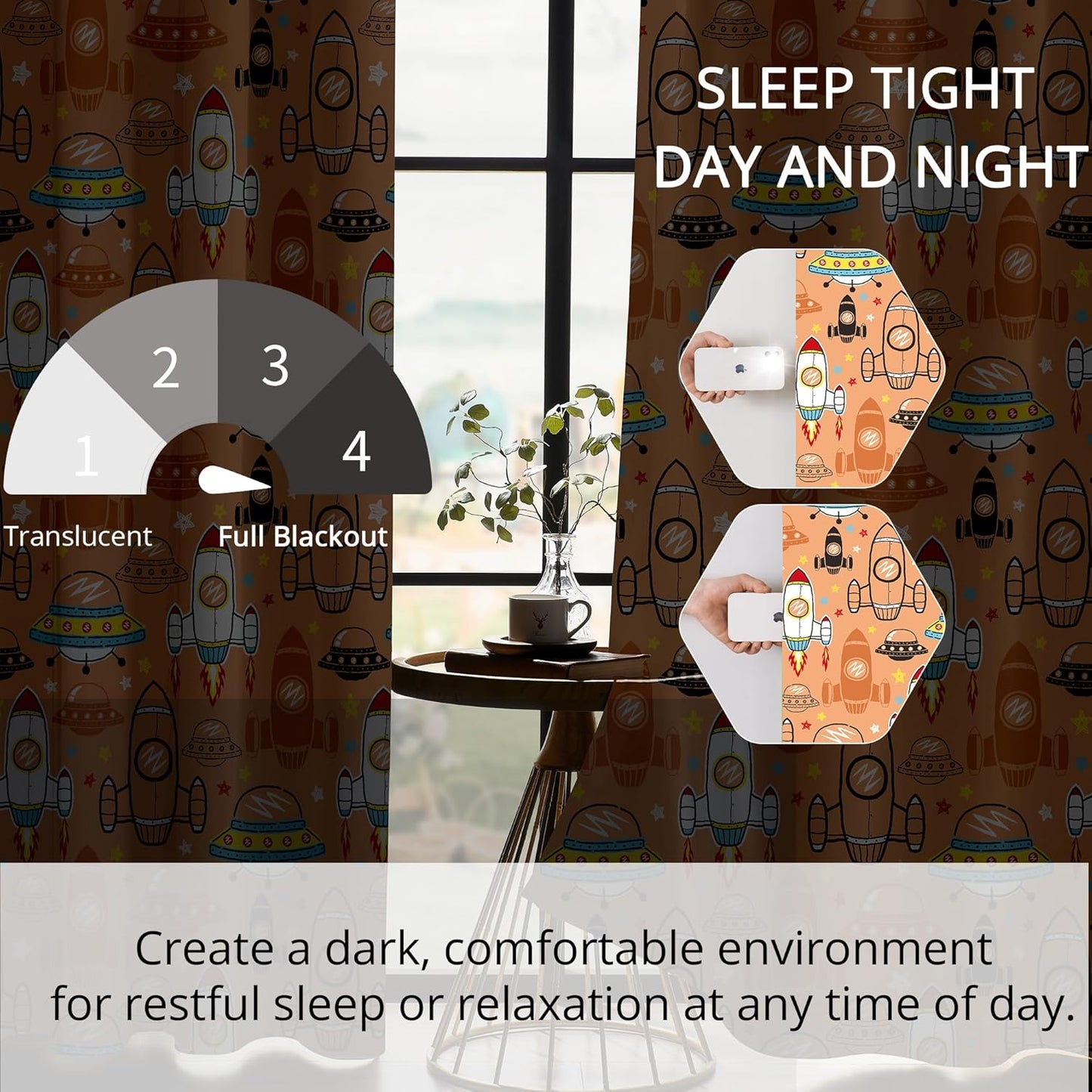 Kids Space UFO Rocket Blackout Curtains - 100% Blackout, Thermal Insulated, Noise Reducing, Perfect for Kids Room and Nursery, 2 Panels (Sunny Space Parade, W52×L63)